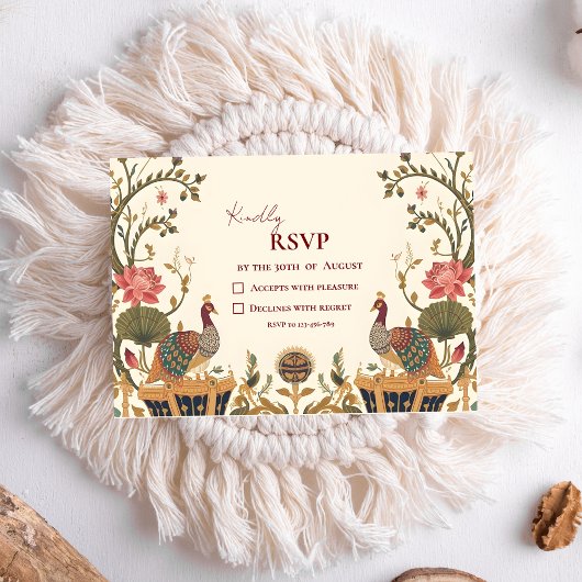 Pichwai Indian Lotus Peacock Wedding 出欠カード