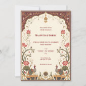 Pichwai Indian Lotus Peacock Wedding Invitation 招待状 (正面)