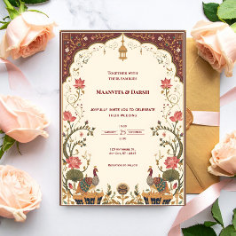 Pichwai Indian Lotus Peacock Wedding Invitation 招待状
