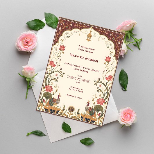 Pichwai Indian Lotus Peacock Wedding Invitation 招待状
