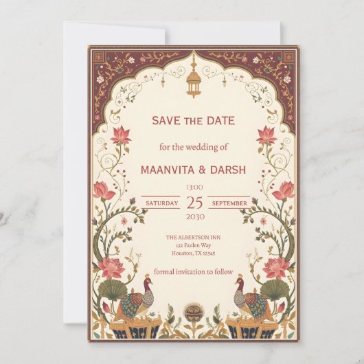 Pichwai Indian Lotus Peacock Wedding Save the Date (正面)