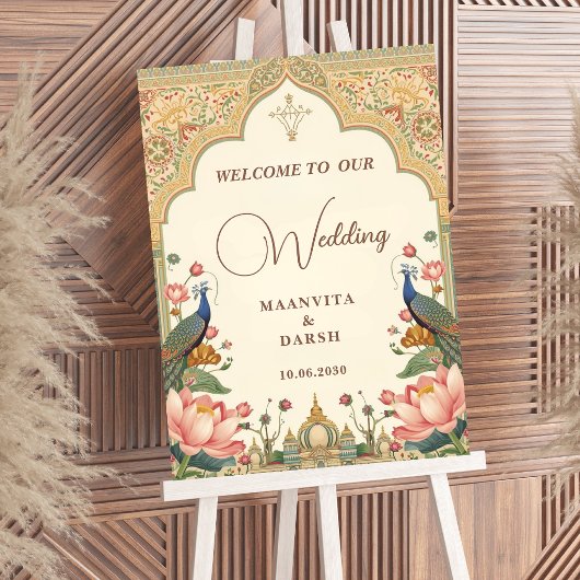 Pichwai Indian Lotus Peacock Wedding Welcome Sign ポスター