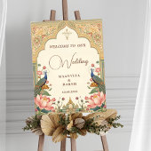 Pichwai Indian Lotus Peacock Wedding Welcome Sign ポスター