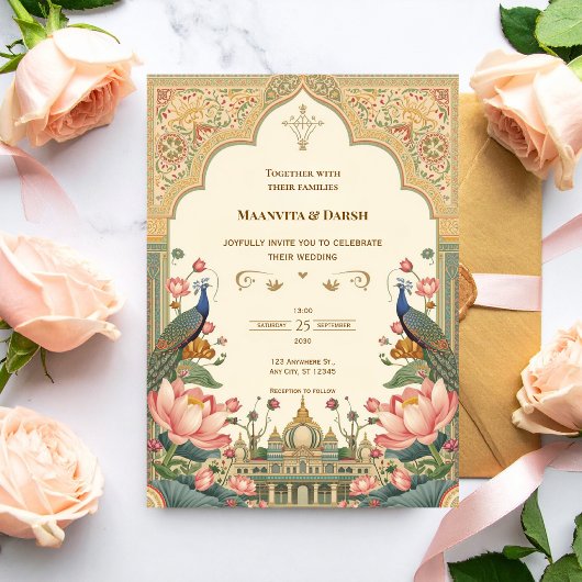 Pichwai Indian Peacock Lotus Wedding Invitation 招待状