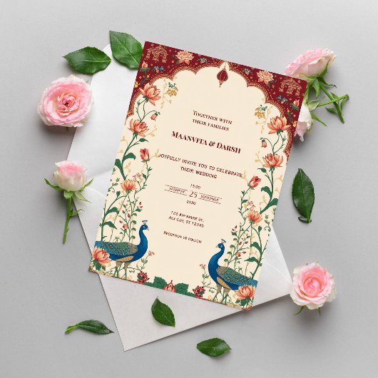 Pichwai Indian Peacock Wedding Invitation 招待状