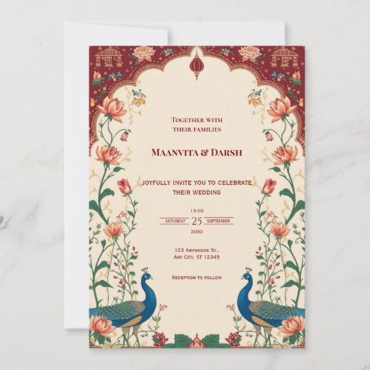 Pichwai Indian Peacock Wedding Invitation 招待状 (正面)