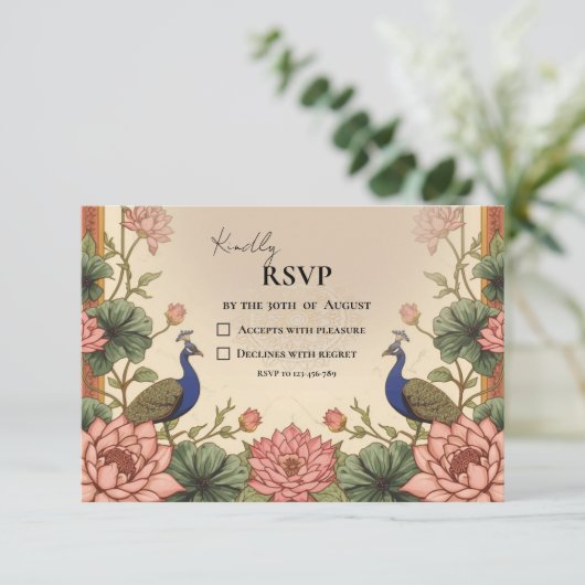 Pichwai Inspired Indian Wedding RSVP Card (スタンド正面)