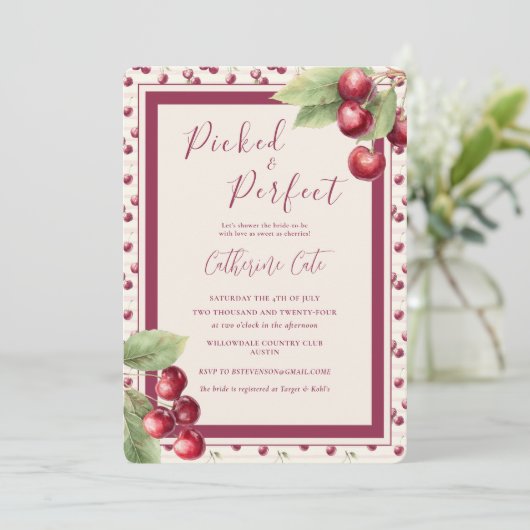 Picked & Perfect Sweet Cherries Bridal Shower 招待状 (スタンド正面)