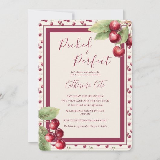 Picked & Perfect Sweet Cherries Bridal Shower 招待状 (正面)