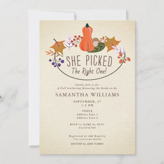 Picked the Right One - Fall Pumpkin Bridal Shower 招待状 (正面)