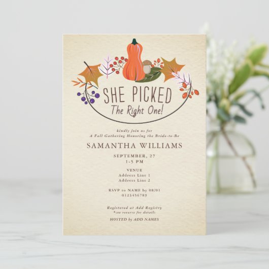 Picked the Right One - Fall Pumpkin Bridal Shower 招待状 (スタンド正面)