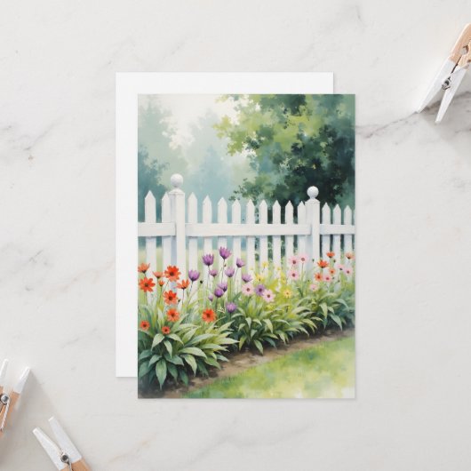 Picket Fence with Flowers Think of You Flat カード (正面/裏面インサイチュ)