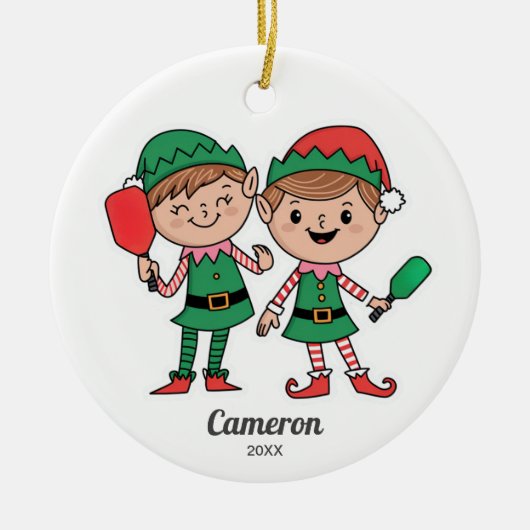 Pickleballおもしろいクリスマス小妖精や小人、フォト文字の追加 セラミックオーナメント (正面)