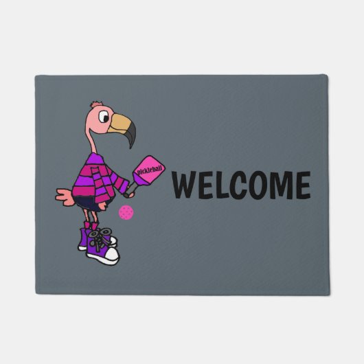 Pickleballの漫画を遊んでいるおもしろいなピンクのフラミンゴ ドアマット (正面)