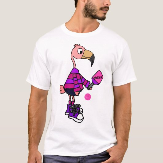 Pickleballの漫画を遊んでいるおもしろいなピンクのフラミンゴ Tシャツ (正面)