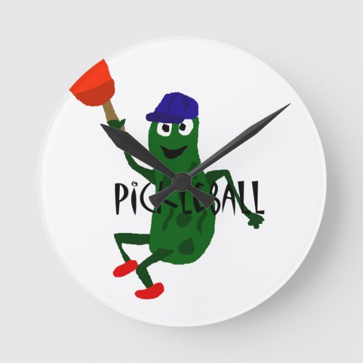 Pickleballを遊ぶおもしろいなピクルス ラウンド壁時計 (正面)