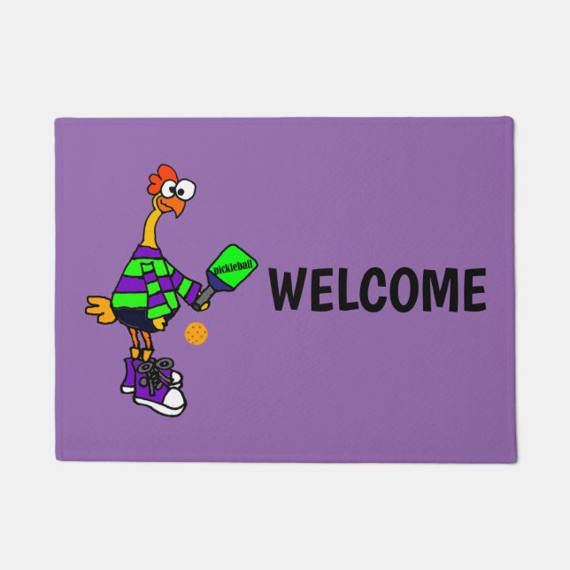 Pickleballを遊んでいるおもしろいなゴム製鶏 ドアマット (正面)