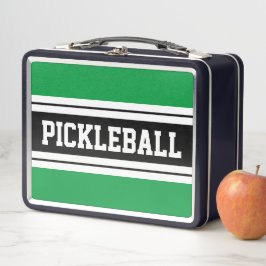 PICKLEBALLブライトグリーンホワイトブラックレーシングストライプズ メタルランチボックス