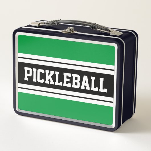 PICKLEBALLブライトグリーンホワイトブラックレーシングストライプズ メタルランチボックス (正面)