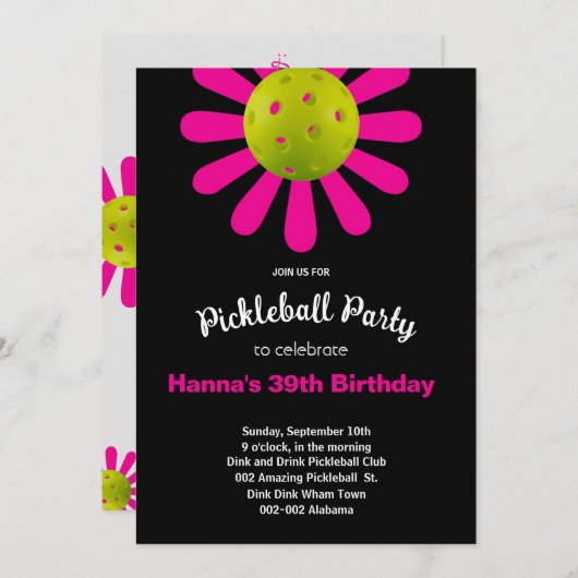 Pickleball誕生日かわいい招待+ RSVP 招待状 (正面/裏面)