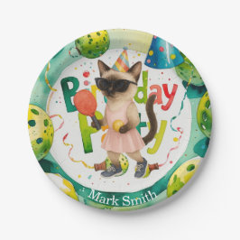 Pickleball Birthday Partyをテーマにした猫好き ペーパープレート