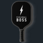 Pickleball Boss Lightning Bolt and Monogram ピックルボールラケット<br><div class="desc">This simple,  trendy pickleball paddle features a lightning bolt and collegiate typography reading Pickleball Boss. The back contains text templates for monogram initials and a name,  making it a perfect,  personalized gift!</div>