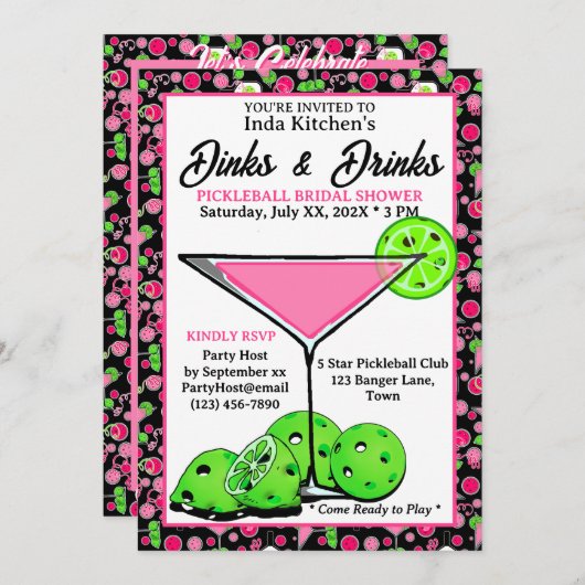 Pickleball Bridal Shower Dinks & Drinks Pink Black 招待状 (正面/裏面)