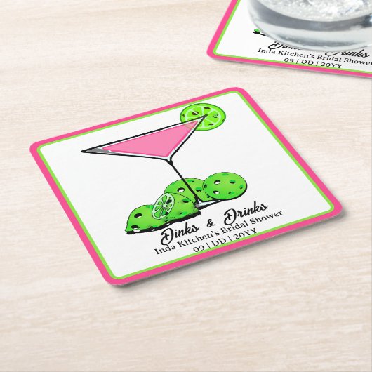 Pickleball Bridal Shower Dinks & Drinks Pink Cosmo スクエアペーパーコースター (アングル)
