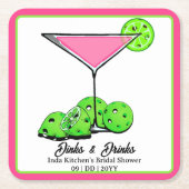 Pickleball Bridal Shower Dinks & Drinks Pink Cosmo スクエアペーパーコースター (正面)