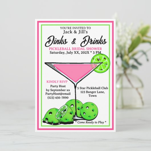 Pickleball Bridal Shower Dinks & Drinks Pink Cosmo 招待状 (スタンド正面)