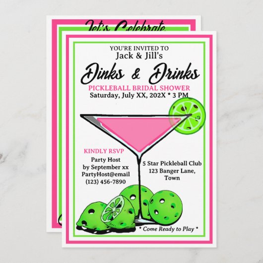 Pickleball Bridal Shower Dinks & Drinks Pink Cosmo 招待状 (正面/裏面)