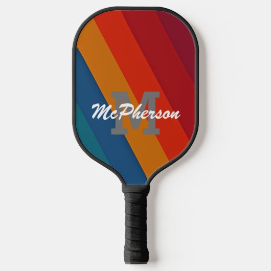 Pickleball Bright Color Stripes Monogram and Name  ピックルボールラケット (正面)