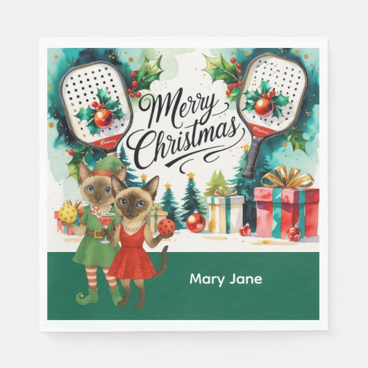 Pickleball Christmasをテーマにした猫好き スタンダードランチョンナプキン (正面)