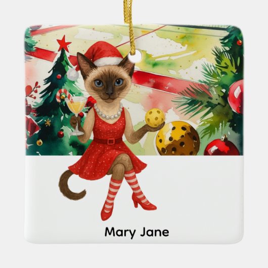 Pickleball Christmasをテーマにした猫好き セラミックオーナメント (正面)