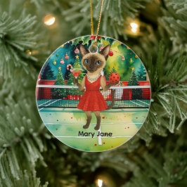 Pickleball Christmasをテーマにした猫好き セラミックオーナメント