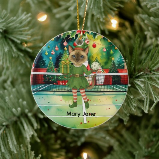 Pickleball Christmasをテーマにした猫好き セラミックオーナメント (ツリー)