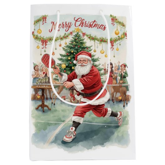 Pickleball Christmas themed with Santa Claus ミディアムペーパーバッグ (正面)