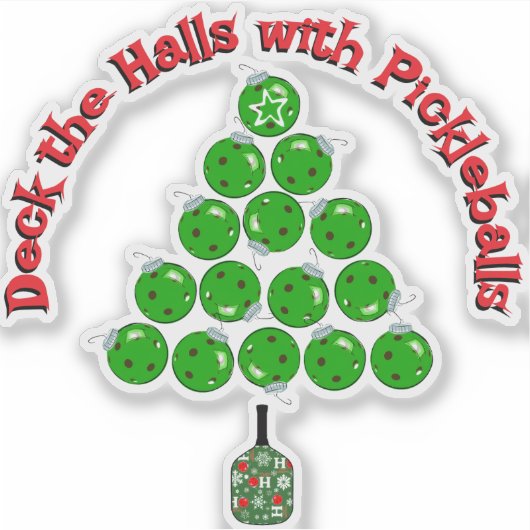 Pickleball Christmas Tree Deck the Halls Red Green シール (正面)