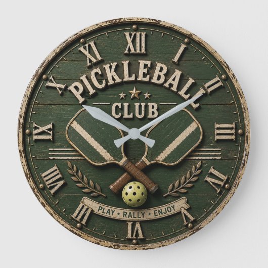 Pickleball Club Rustic Vintage Pickleball Paddle ラージ壁時計 (正面)