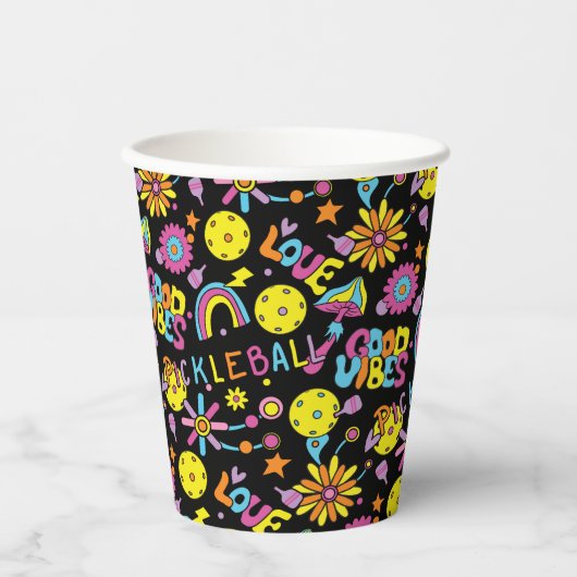 Pickleball Groovy、レトロ90s、黒 紙コップ (正面)