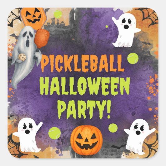 Pickleball Halloween Party with paddle and ball スクエアシール (正面)
