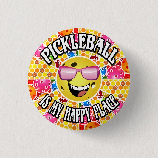 Pickleball is My Happy Place – グラフィックカラフルス 缶バッジ (正面)