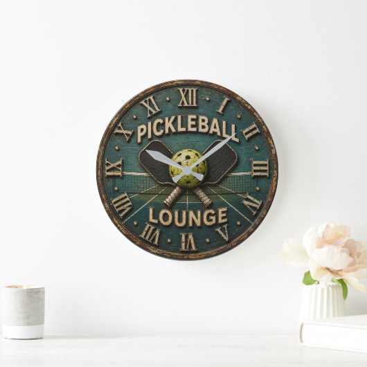 Pickleball Lounge Rustic Paddle & Ball ラージ壁時計 (ホーム)