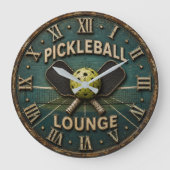 Pickleball Lounge Rustic Paddle & Ball ラージ壁時計 (正面)