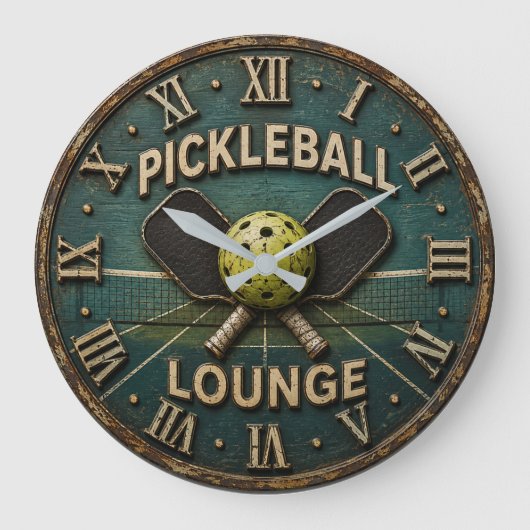 Pickleball Lounge Rustic Paddle & Ball ラージ壁時計 (正面)