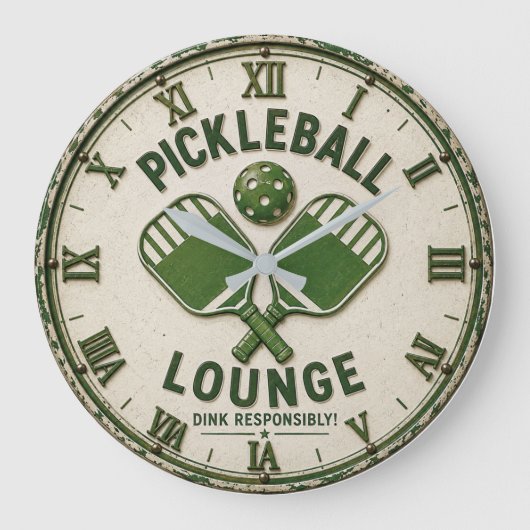 Pickleball Lounge Vintage Pickleball Rustic Paddle ラージ壁時計 (正面)