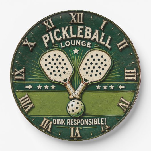 Pickleball Lounge Vintage Rustic Paddle ペーパープレート (正面)