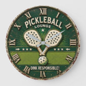 Pickleball Lounge Vintage Rustic Paddle ラージ壁時計 (正面)