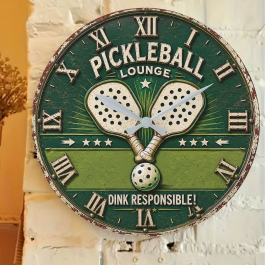 Pickleball Lounge Vintage Rustic Paddle ラージ壁時計