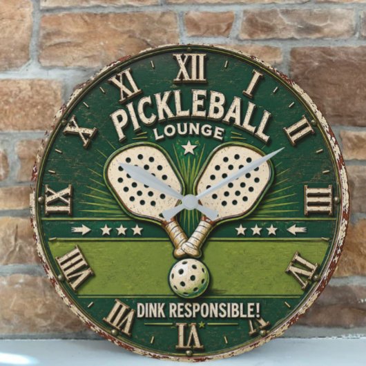 Pickleball Lounge Vintage Rustic Paddle ラージ壁時計